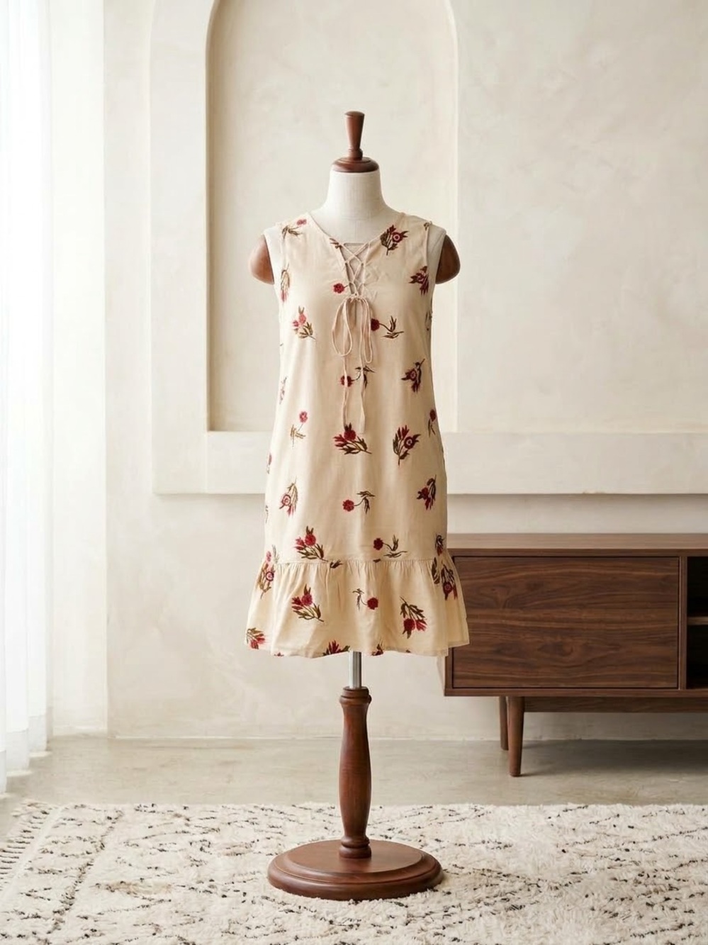 Cream Floral Tie-Front Ruffle Dress